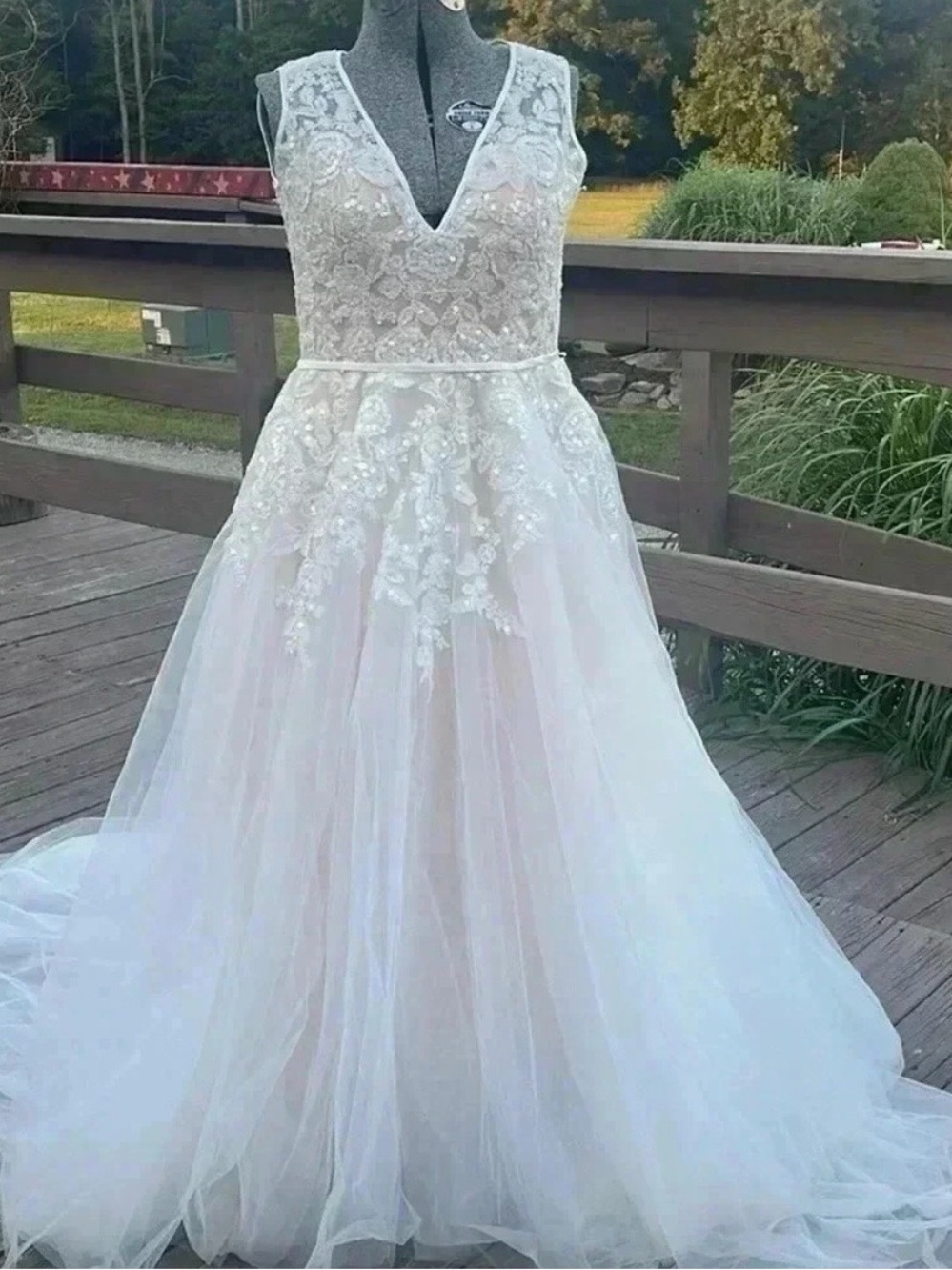 Ivory Lace Appliqué V-Neck Tulle Ball Gown / wedding dress